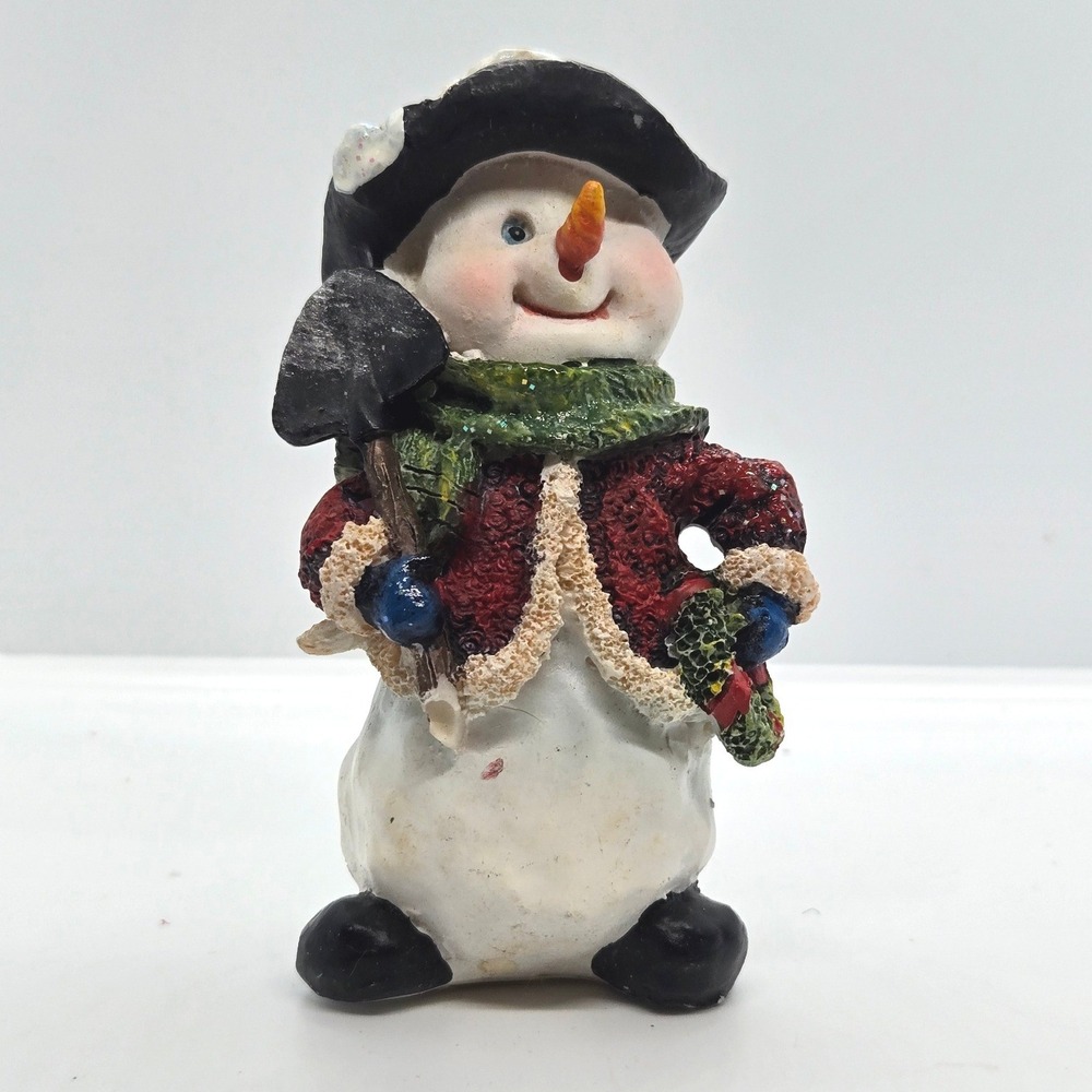 Vintage Snowman Figurine Holding Shovel and Wreath Christmas Decor